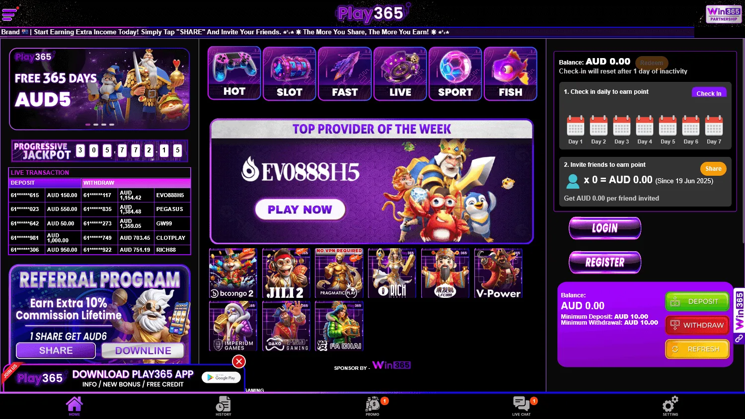 Play365 Casino desktop home screen for Australian players
