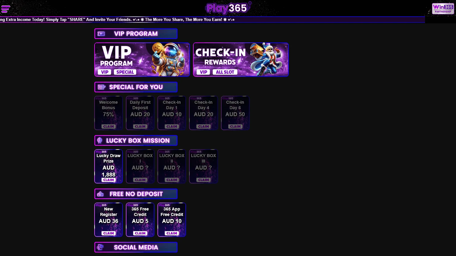 Play365 Casino desktop promotions screen